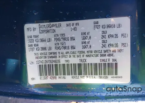 2003 Dodge Dakota из США, поврежденный, VIN 1D7HG12X73S248226